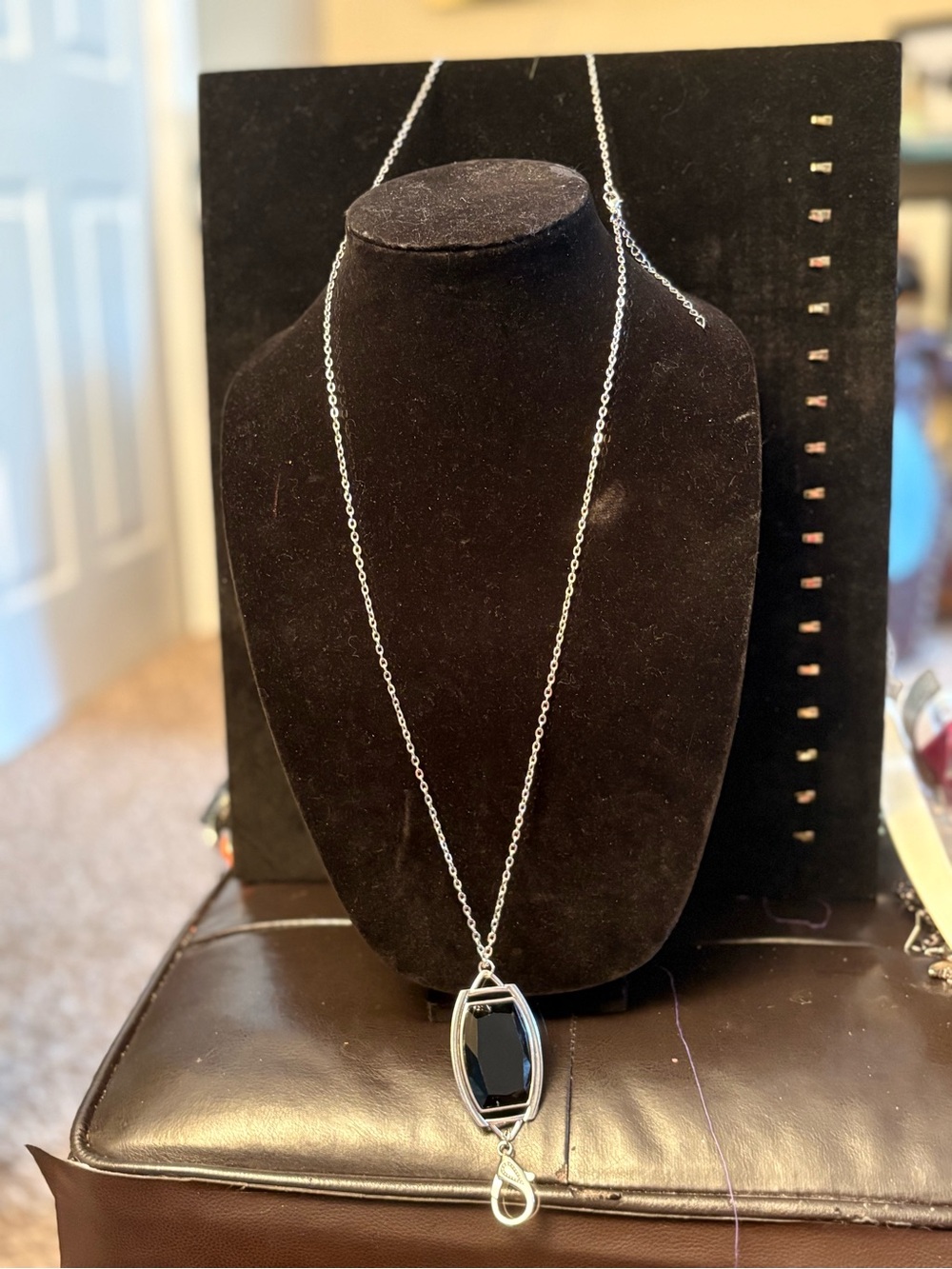 Silver Pendant Necklace Lanyard with Black Stone - long chain-Women Jewelry